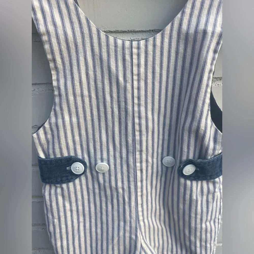 Room to Roup Baby Blue white Lined overalls striped denim Button Overalls Sz 18m